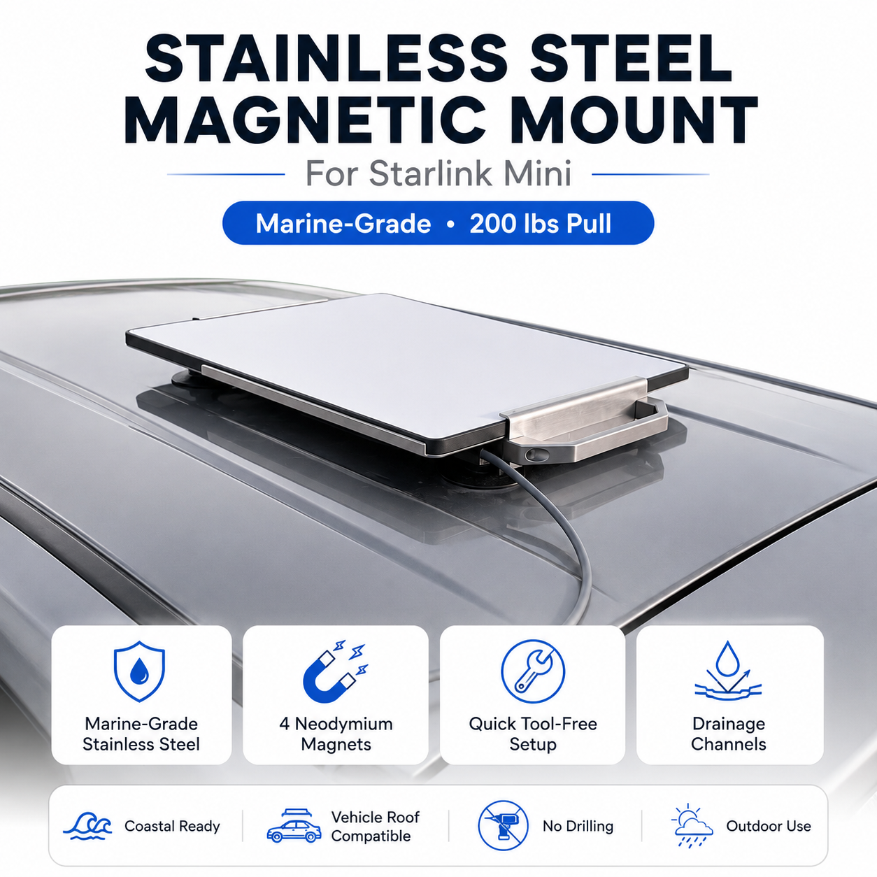 Stainless steel magnetic mount for Starlink Mini on a car roof with product features listed.