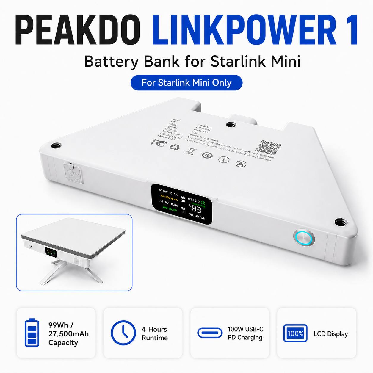 Peakdo Linkpower 1 battery bank for Starlink Mini on a white background