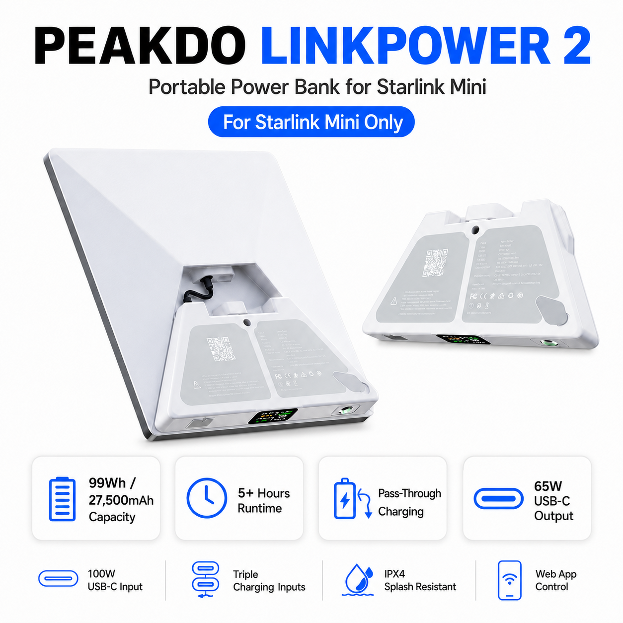 Peakdo Linkpower 2 portable power bank for Starlink Mini on a white background