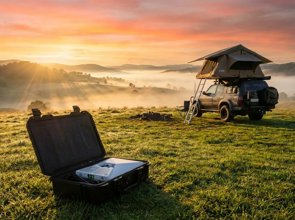 PeakDo LinkPower 2 with Starlink Mini in hard case at Australian high country sunrise camp with rooftop tent