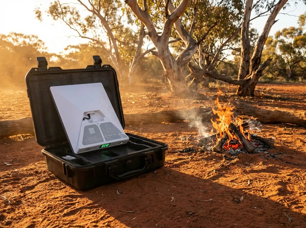 PeakDo LinkPower 2 with Starlink Mini in hard case at Australian outback campsite with campfire and eucalyptus trees