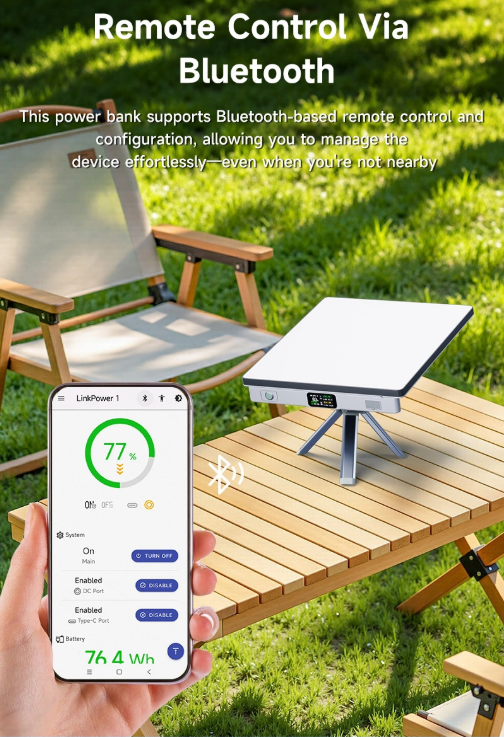 PeakDo LinkPower 2 Bluetooth remote control via phone app showing battery status at campsite