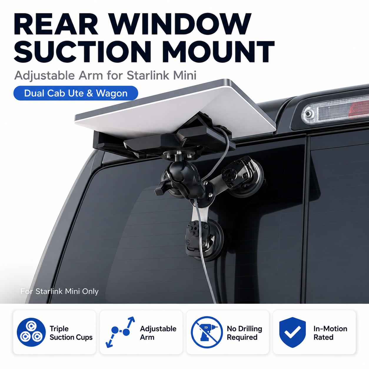 Rear window suction mount for Starlink Mini on a car, with product features listed below.