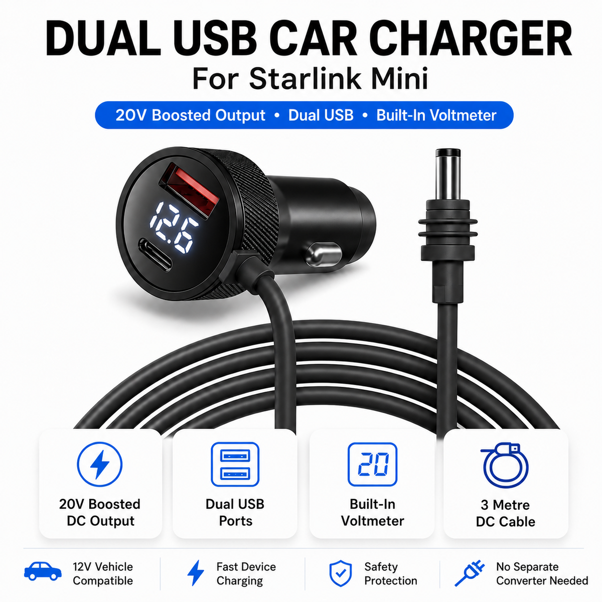 Dual USB car charger with digital voltmeter for Starlink Mini on a white background