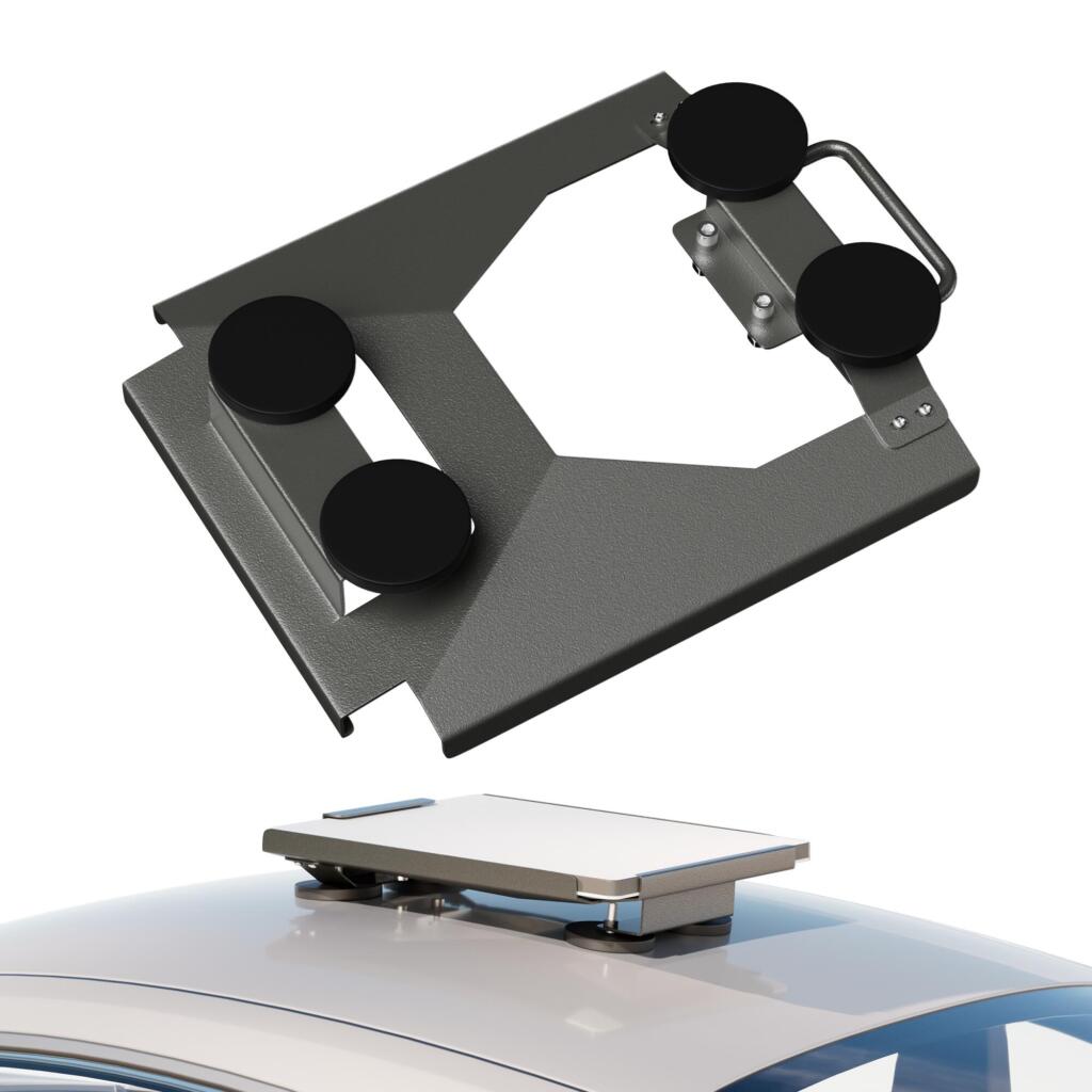 A magnetic roof mount designed to hold a Starlink Mini device, featuring a dark grey steel structure with four black magnets, mounted on the top of a vehicle.