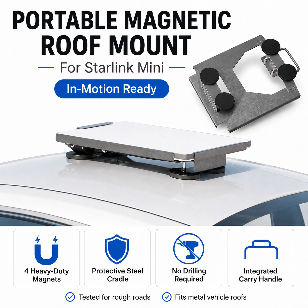 Portable magnetic roof mount for Starlink Mini on a car roof with features listed below.