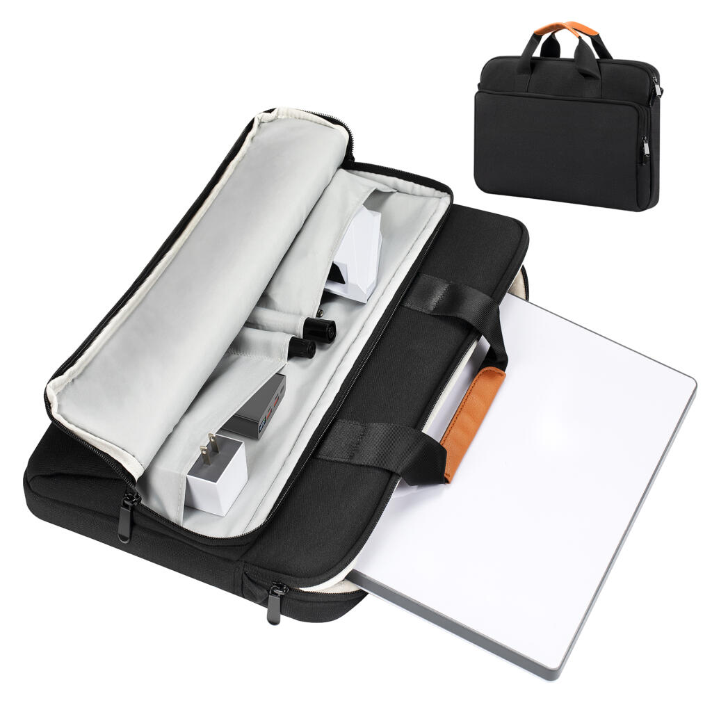 A black Starlink Mini carry bag with compartments for storage, shown both empty and with contents, alongside its closed and standing version.