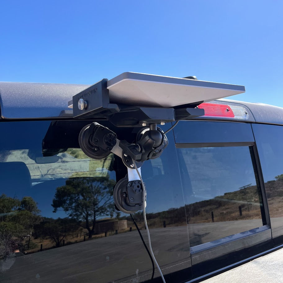 Starlink Mini suction mount installed on wagon rear window