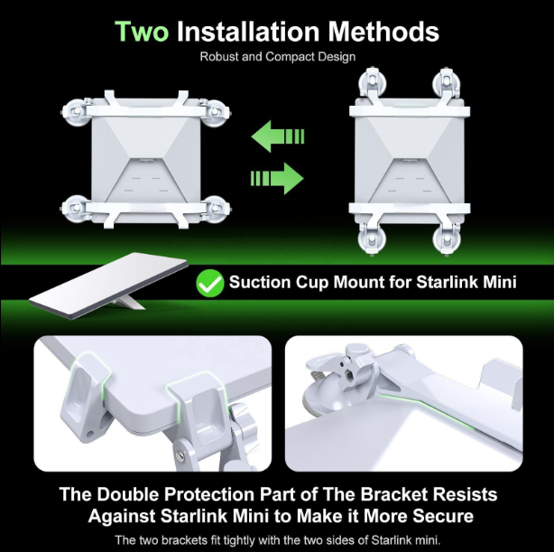 Starlink Mini suction mount attached to vehicle sunroof glass