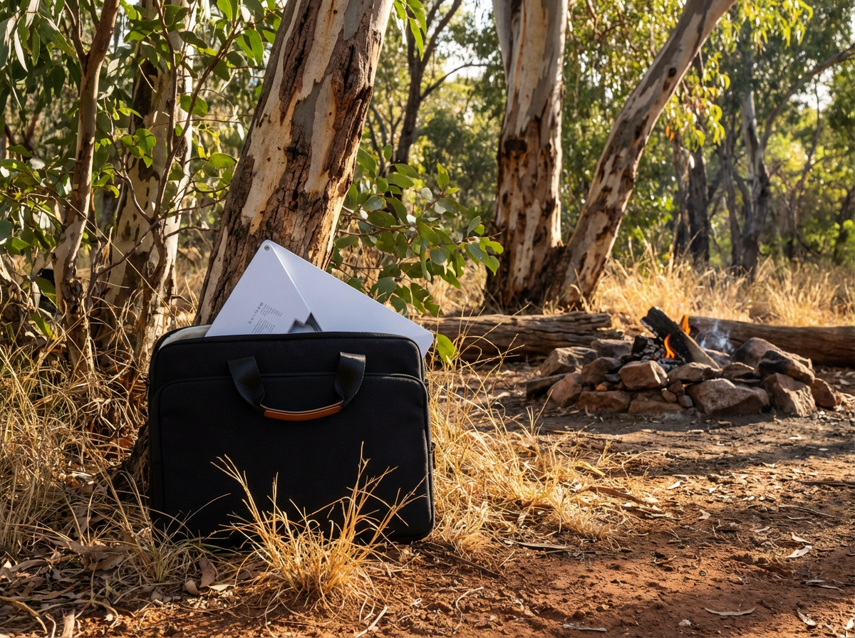 Starlink Mini with battery pack sliding out of padded carry bag leaning against eucalyptus tree at Australian bush campsite with campfire