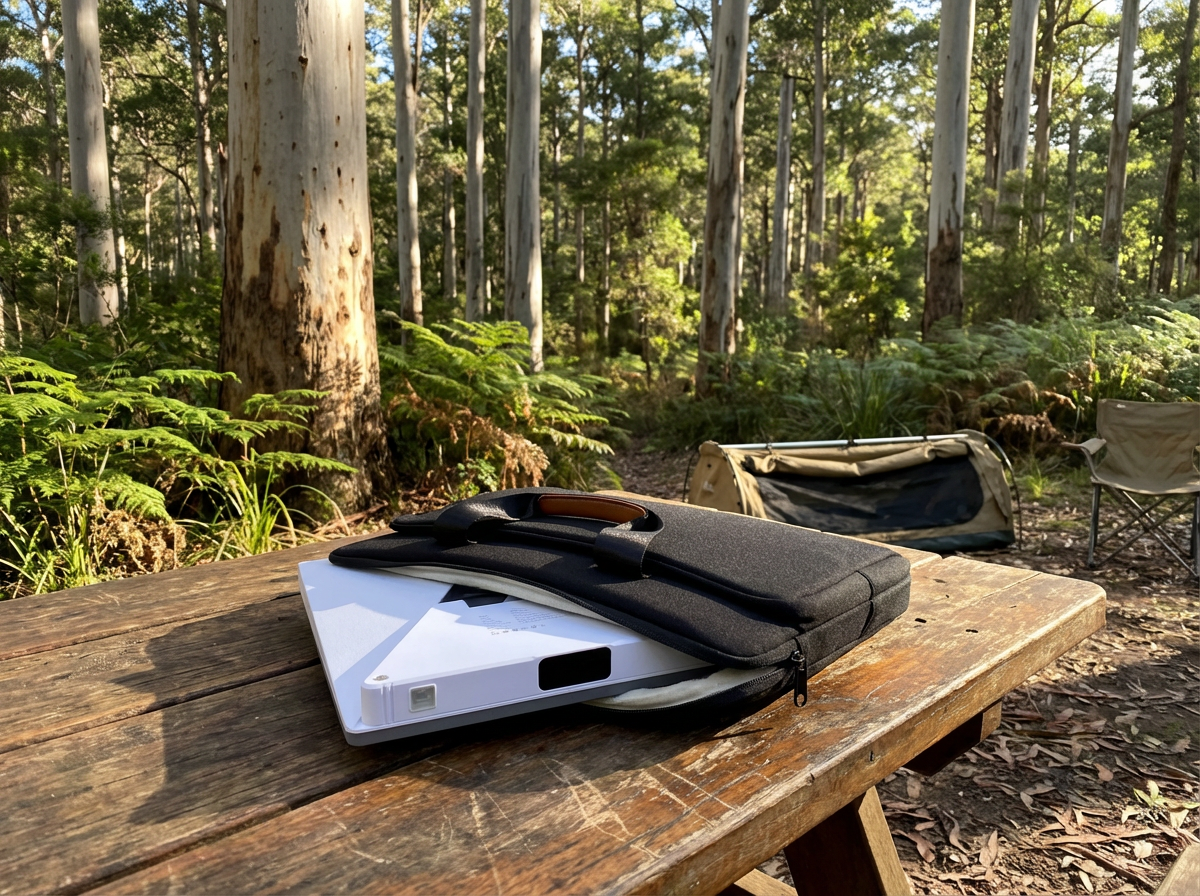 Starlink Mini with battery pack sliding out of padded carry bag on wooden camp table in Australian eucalyptus forest with swag and ferns
