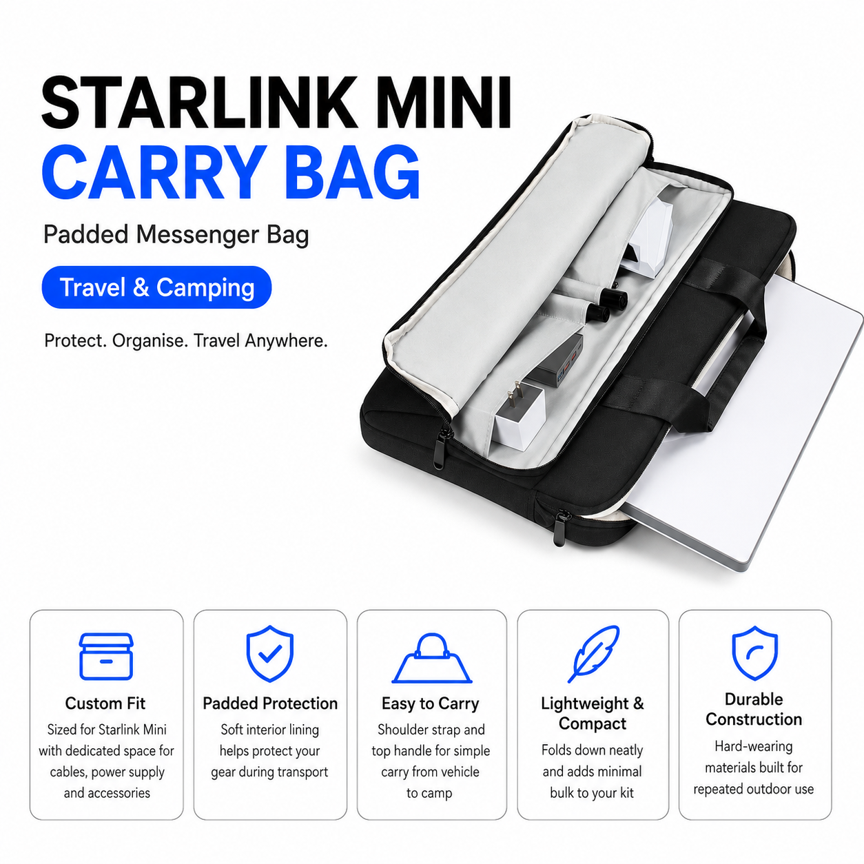 Starlink Mini carry bag with features highlighted on a white background