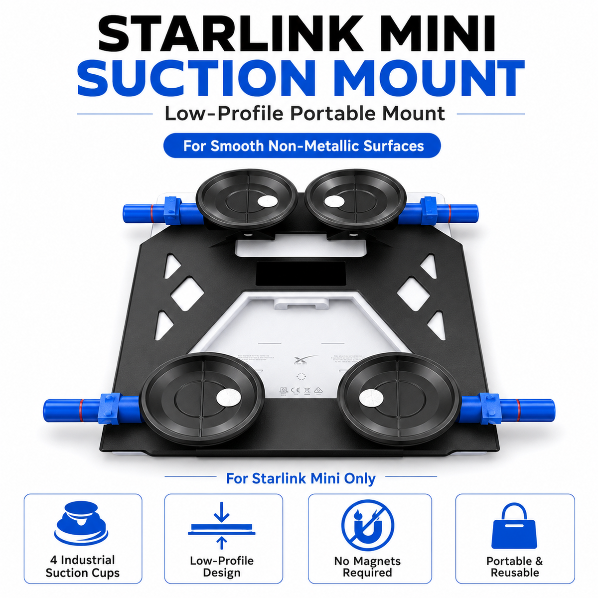 Starlink Mini suction mount with features highlighted on a white background