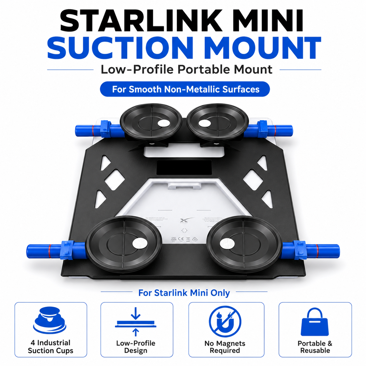 Starlink Mini suction mount with features highlighted on a white background