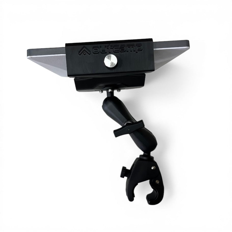 Starlink Mini agricultural mount white aluminium components laid out showing arm and clamp assembly