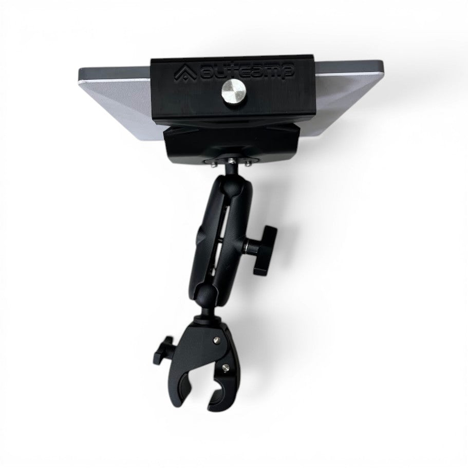 Outcamp Starlink Mini rail mount side profile with extended adjustable arm and rail clamp