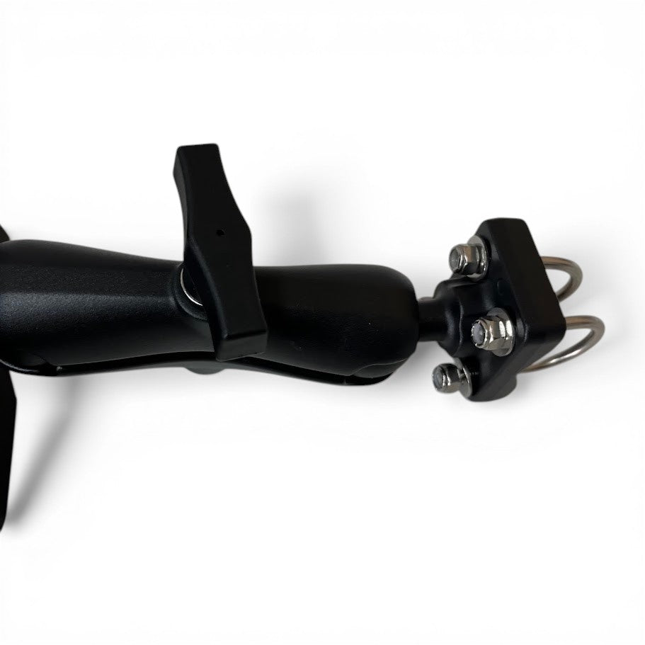 Starlink Mini mount black version rear view with Outcamp proprietary clamping bracket detail