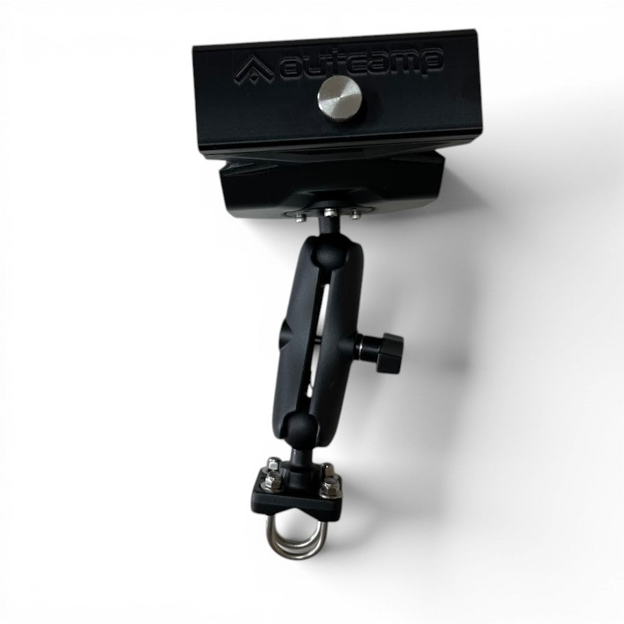 Outcamp Starlink Mini rail mount top-down view showing dish cradle plate and mounting hardware