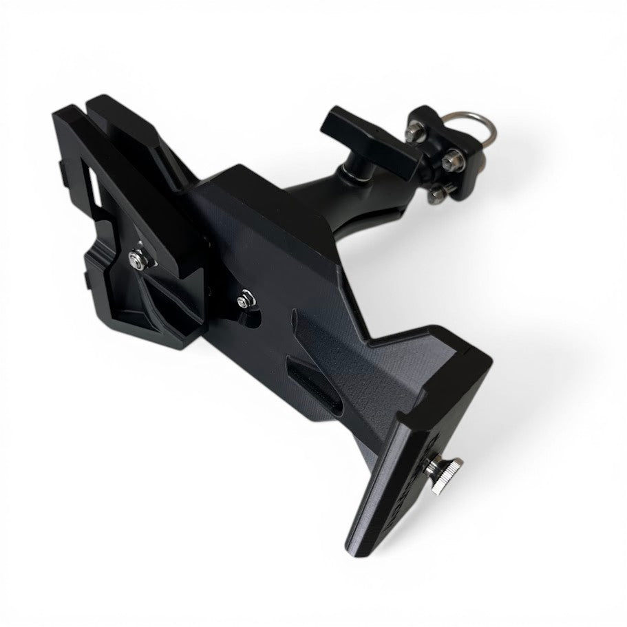 Outcamp Starlink Mini mount black version angled view showing arm articulation and clamp