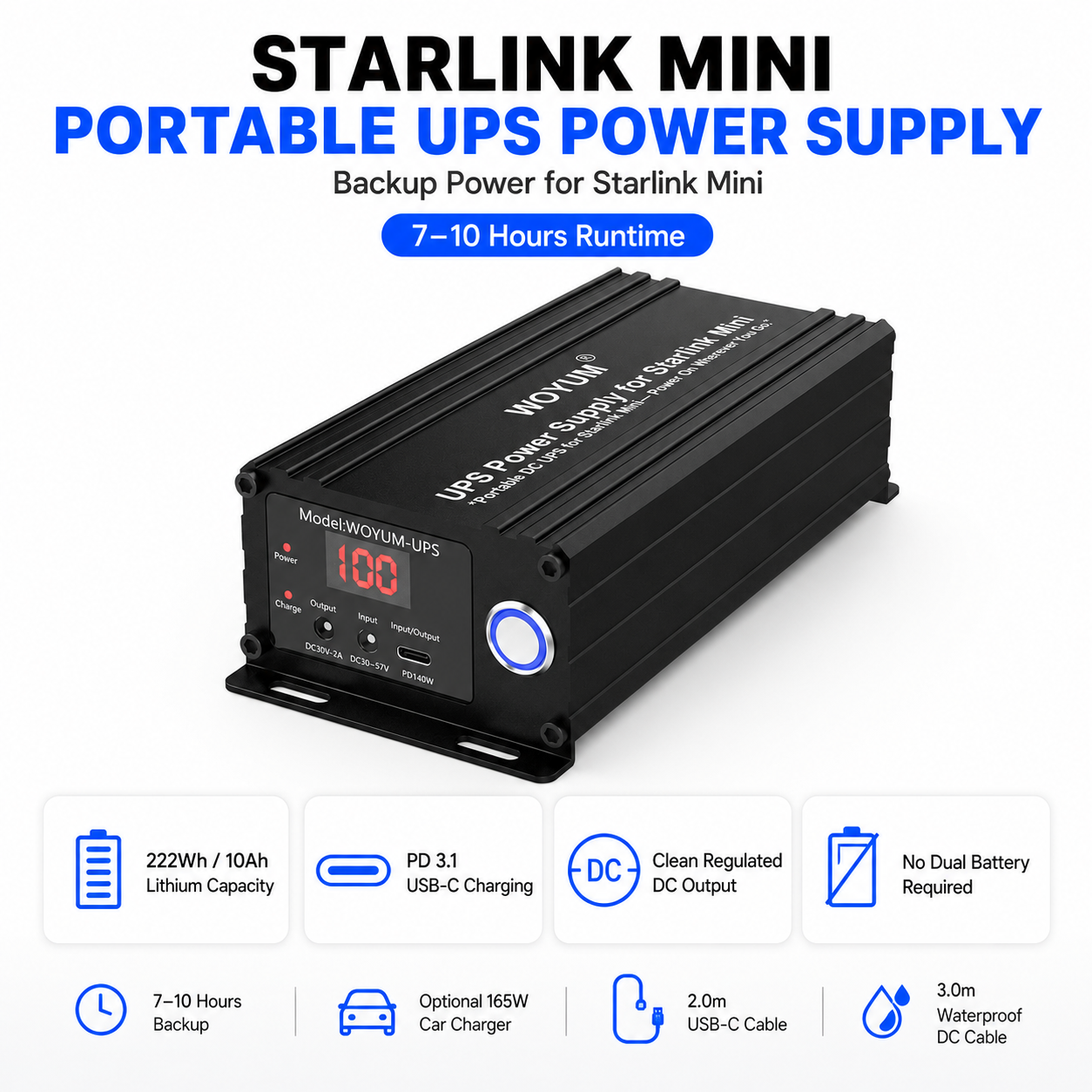 Starlink Mini portable UPS power supply with features listed on a white background
