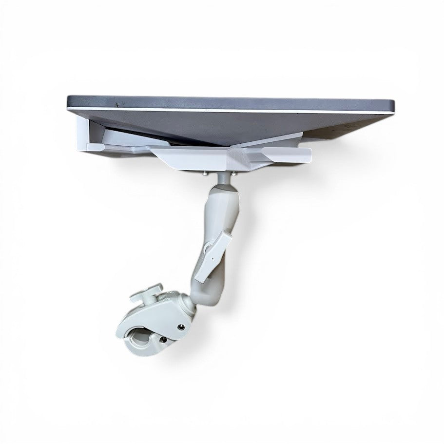 Outcamp universal rail mount with Starlink Mini dish attached showing adjustable arm and rail clamp