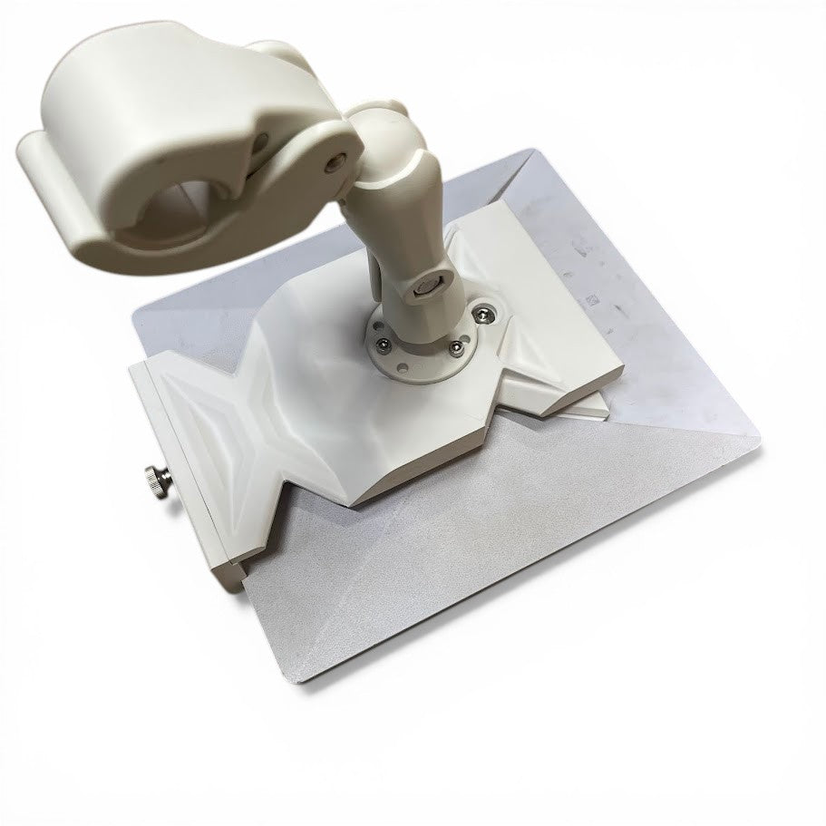 White Outcamp V2 rail mount overhead view showing mounting plate and ball joint from above