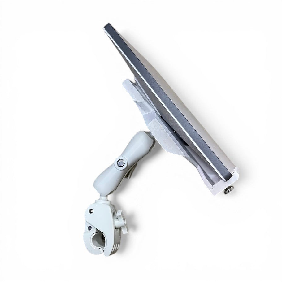 White Outcamp V2 Starlink Mini rail mount front angle showing mounting plate and arm assembly