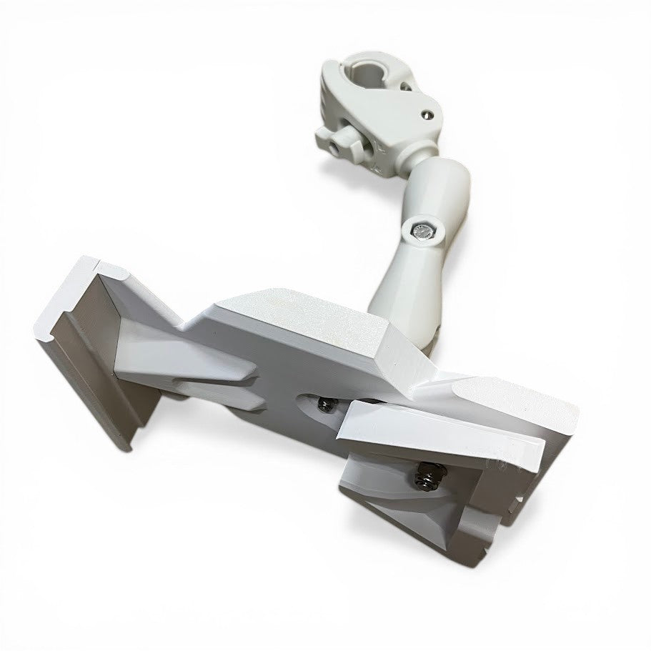 White Outcamp V2 rail mount close-up showing adjustable arm and ball joint connections