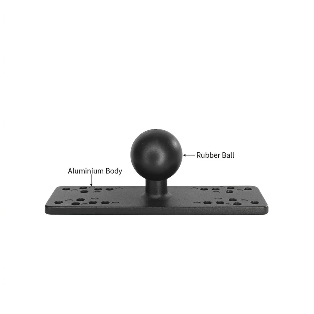 Aluminium plate body with 38mm rubber ball, side view with material callouts.