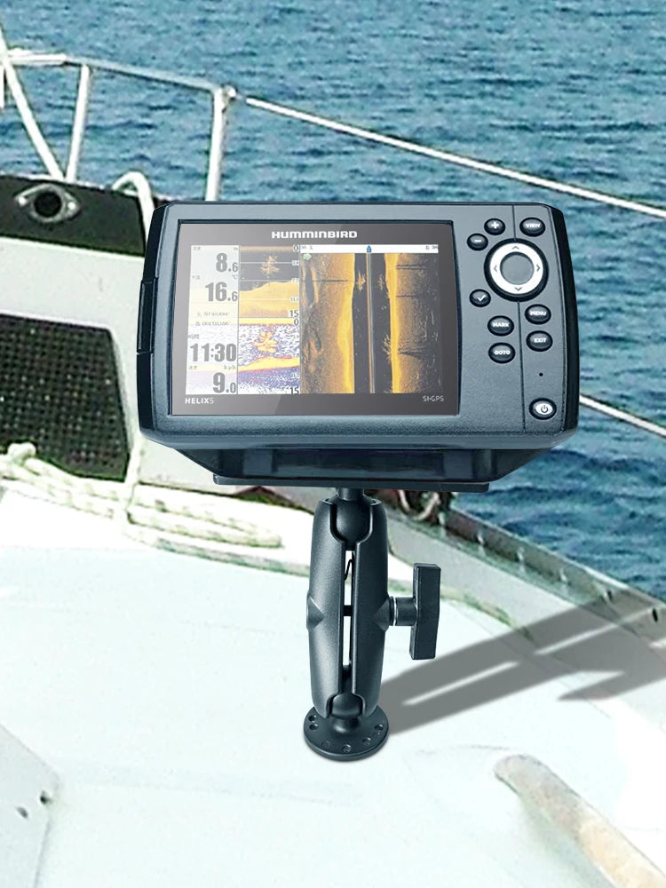 Fish finder display mounted on a boat console using the universal plate and ball-arm system.