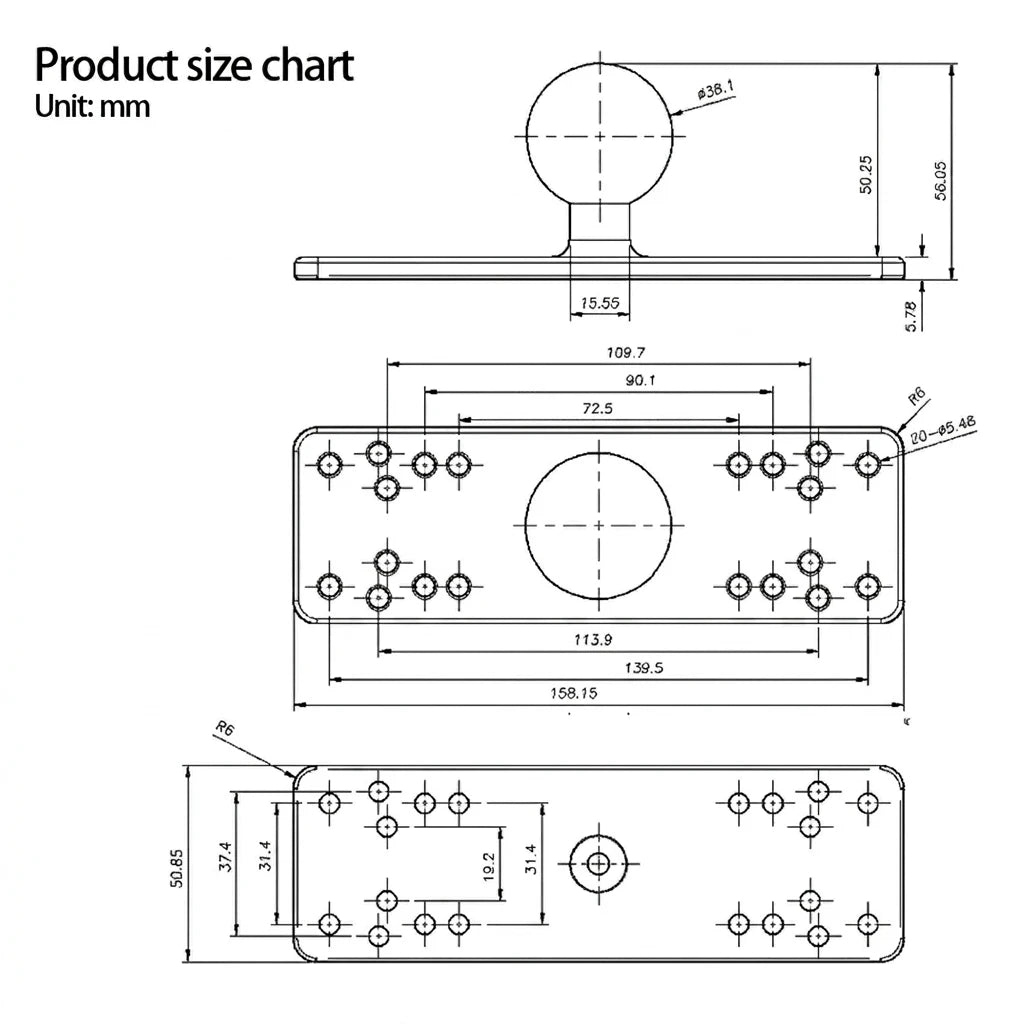 Dimension chart: 158 mm x 51 mm aluminium plate, 38.1 mm ball, multiple bolt-pattern hole sets, R6 corner radius.