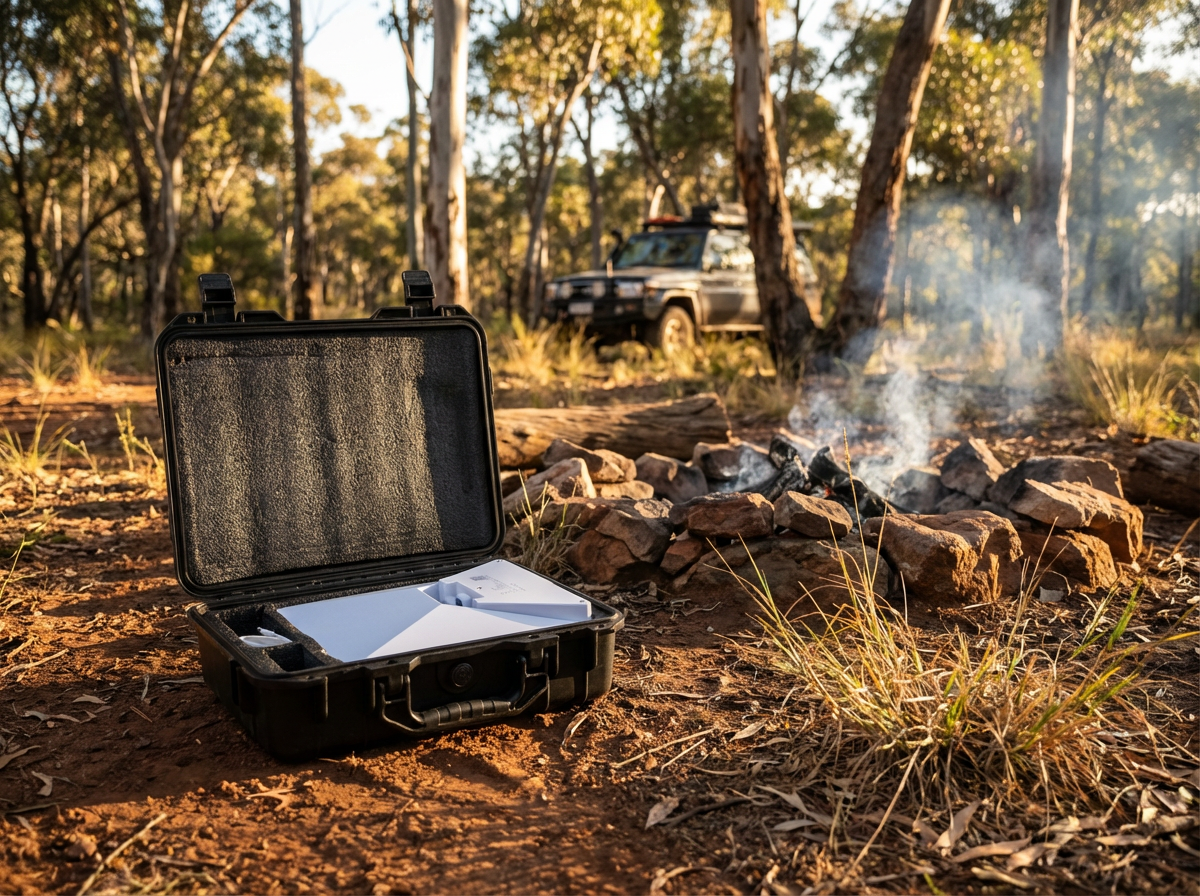 Starlink Mini hard case open beside campfire in Australian bush with 4WD and eucalyptus trees at golden hour