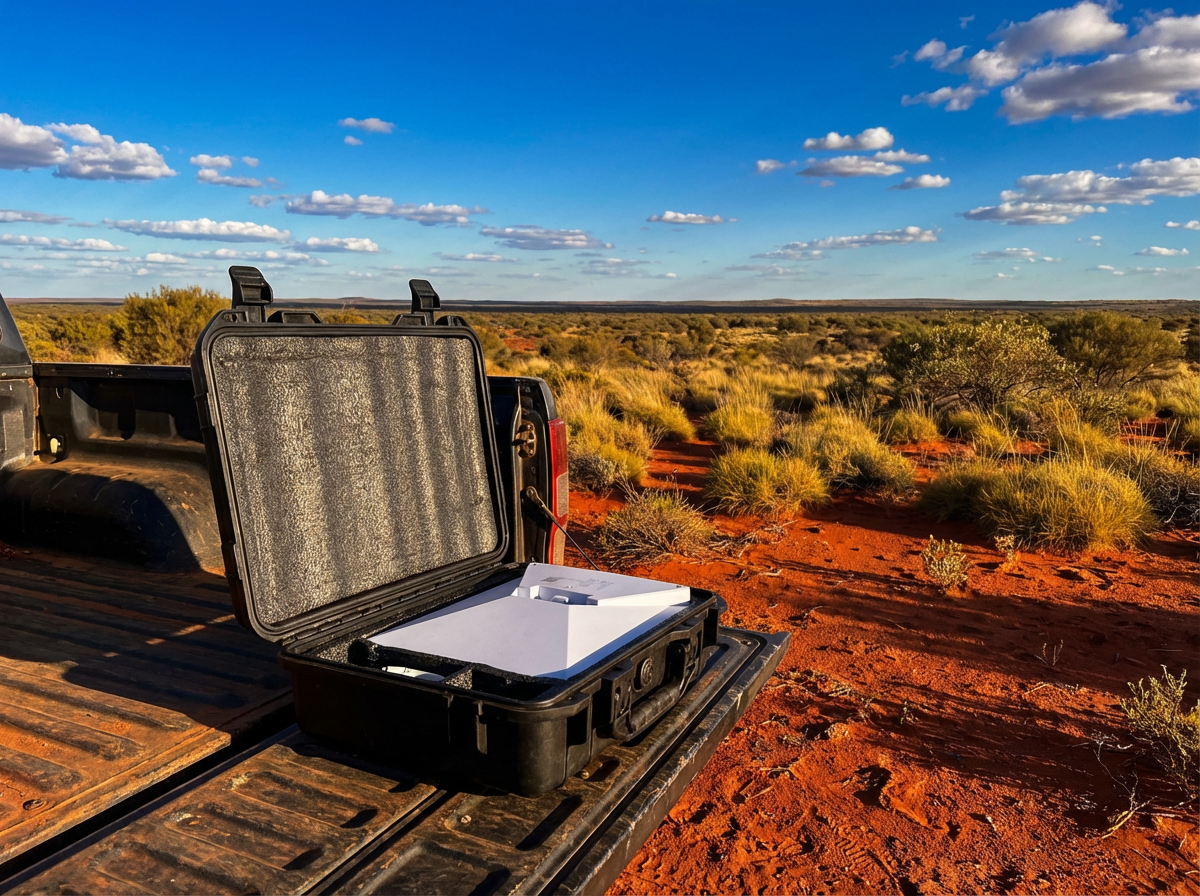 Starlink Mini hard case open on 4WD ute tailgate in Australian outback with red desert landscape