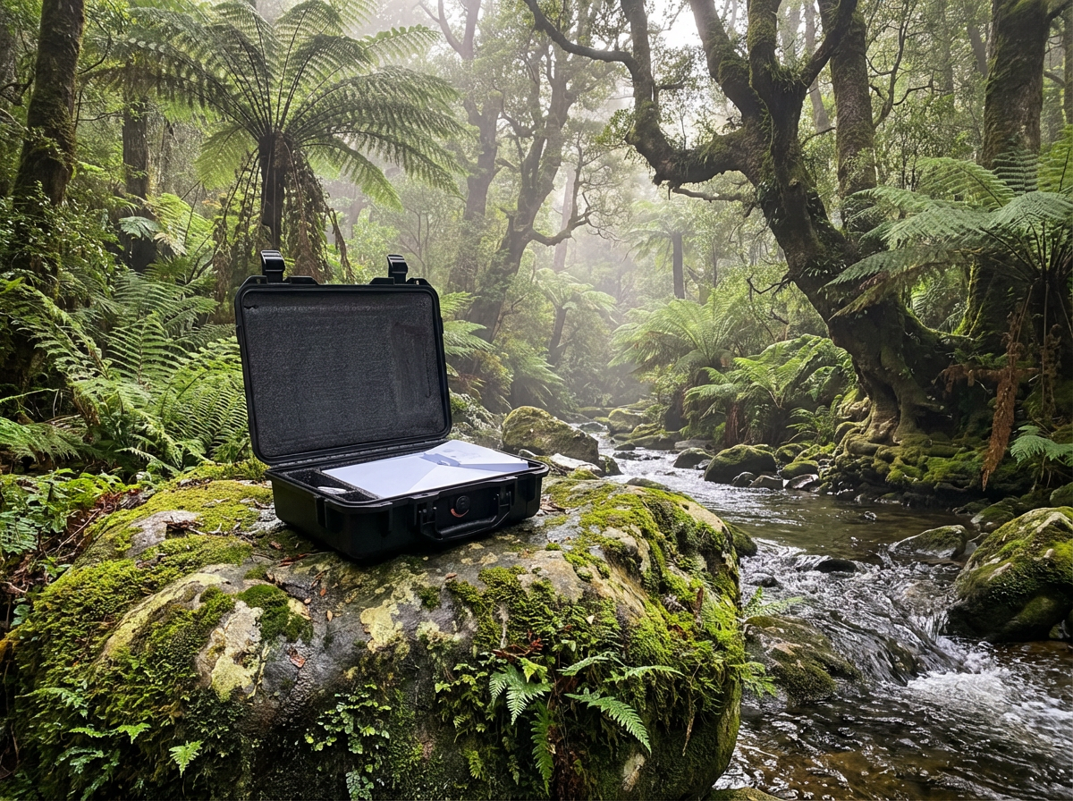 Starlink Mini hard case on mossy rock beside creek in Tasmanian rainforest with tree ferns and mist