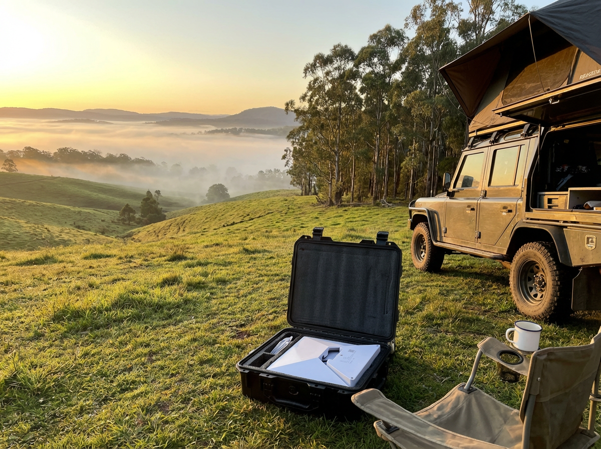 Starlink Mini hard case on picnic table at Australian beachside campground with turquoise ocean and banksia trees