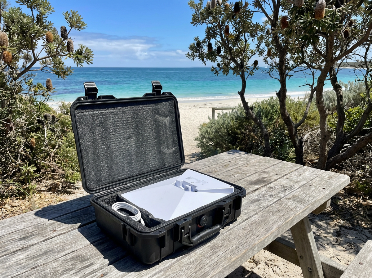 Starlink Mini hard case at sunrise camp in Australian high country with rooftop tent 4WD and morning fog