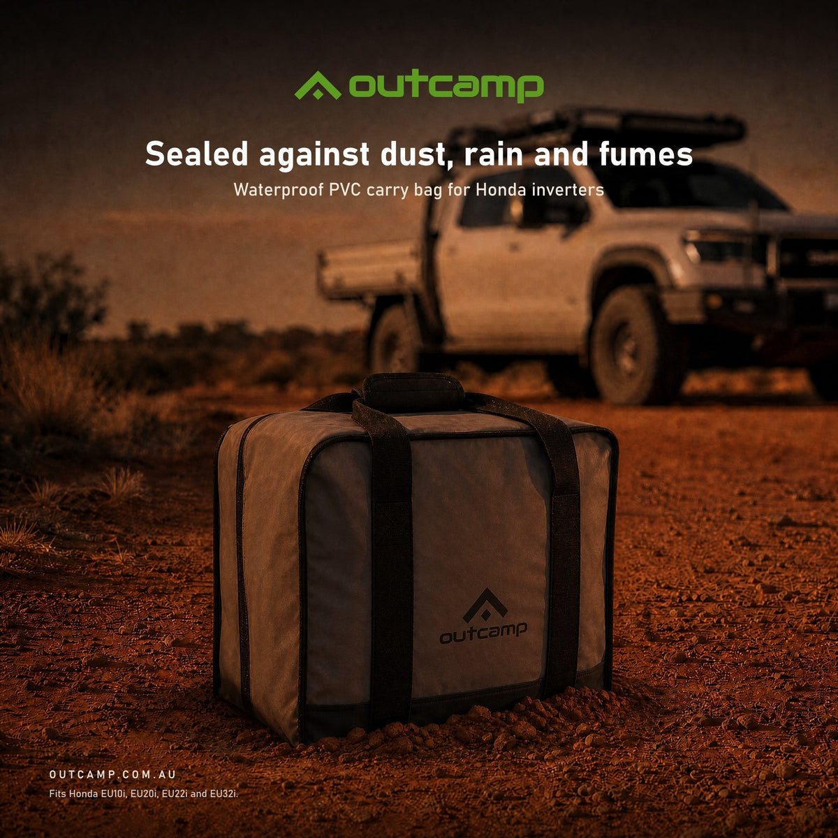 Outcamp waterproof PVC carry bag for Honda EU20i generator sitting on outback dirt at dusk beside a 4WD