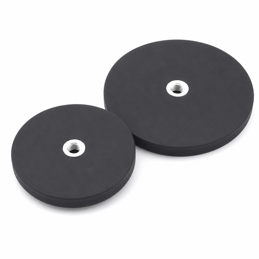 Outcamp rubber coated neodymium magnets in 66mm and 88mm with stainless M8 thread inserts, on a white background