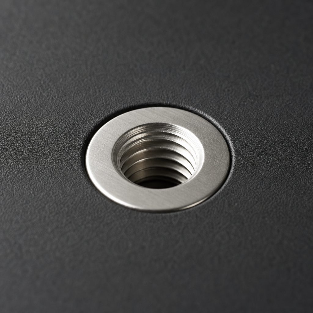 Macro close-up of the stainless steel M8 female thread insert recessed in the black rubber face of the magnet