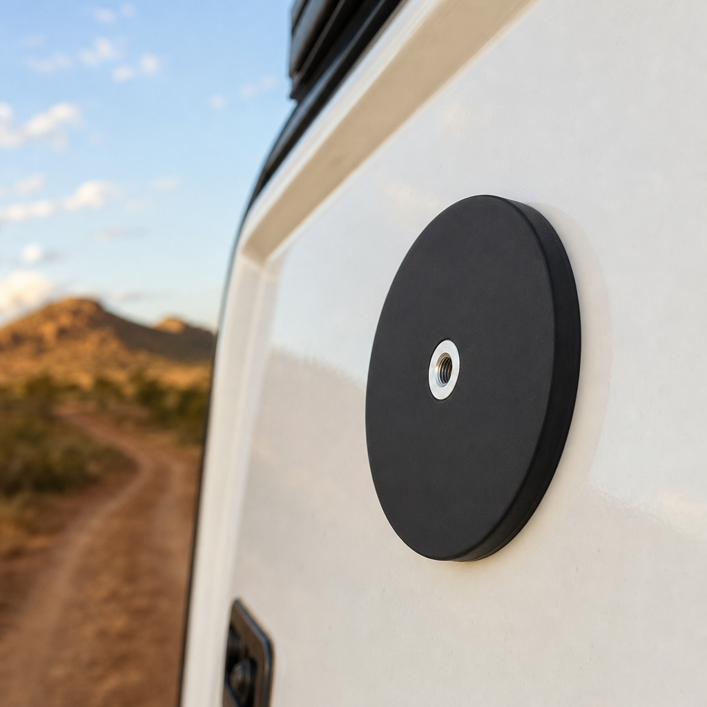 Rubber coated pot magnet stuck to the steel panel of a 4WD ute canopy with an outback track behind