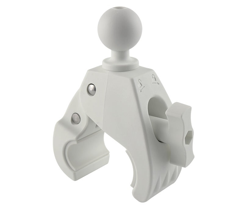 Large tough-claw clamp mount base in white powder-coated finish, 1.5 inch ball head, single hand-tighten knob, fits 30 to 70 millimetre bars