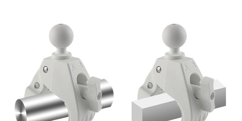 Large tough-claw clamp mount base in white powder-coated finish, 1.5 inch ball head, single hand-tighten knob, fits 30 to 70 millimetre bars