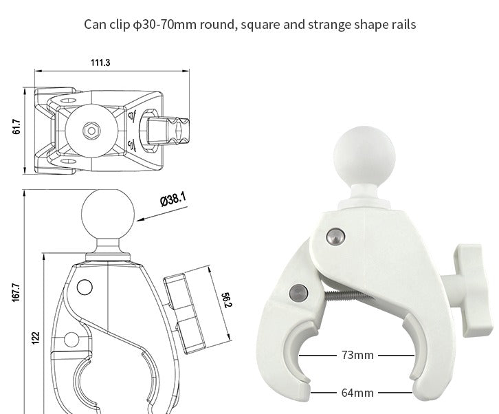 Dimensions diagram of the white large tough-claw clamp base — 30 to 70 millimetre jaw range, 73mm and 64mm bracket measurements, 38.1mm ball, 167.7mm overall length
