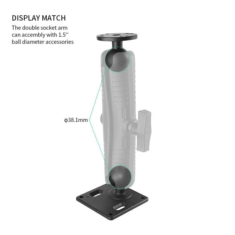Assembled display: the 230mm double socket arm pairs with 1.5 inch (38.1mm) C-size ball bases and AMPS plate accessories for a complete modular mount build