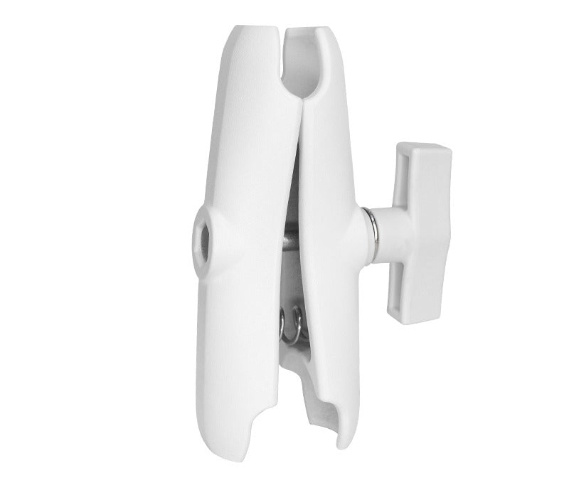 150mm long double socket arm in white powder-coated aluminium with single hand-tighten T-handle wing knob, 1.5 inch ball sockets at each end