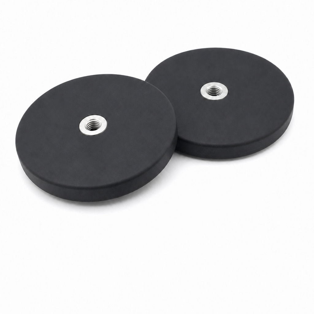 Pair of 66mm Outcamp rubber coated neodymium magnets with M8 female thread inserts