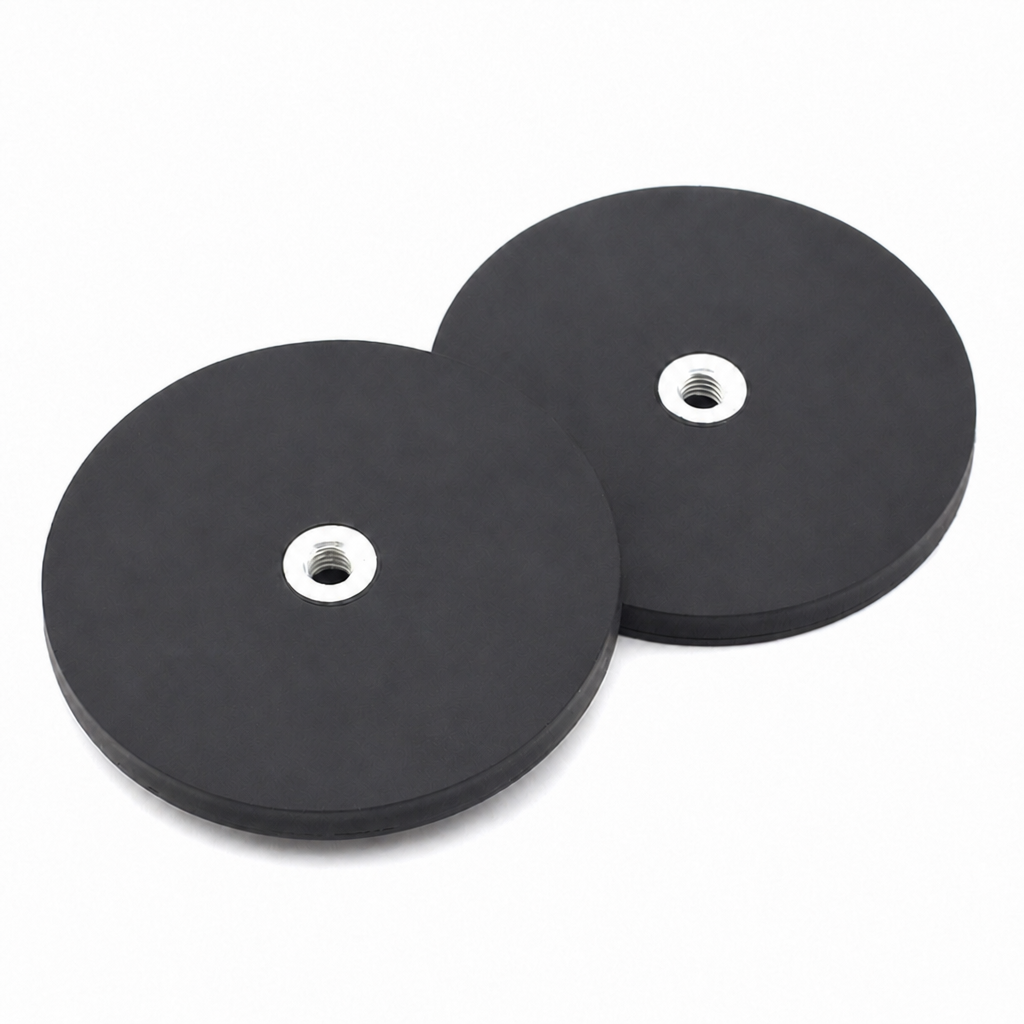 Pair of 88mm Outcamp rubber coated neodymium magnets with M8 female thread inserts