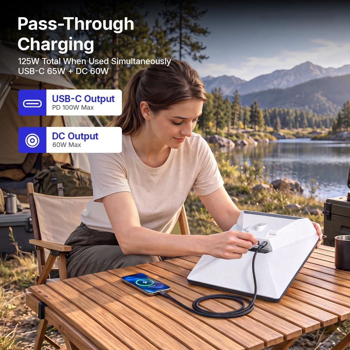 Pass-through charging diagram showing 125W total output, USB-C 65W plus DC 60W to the Starlink Mini