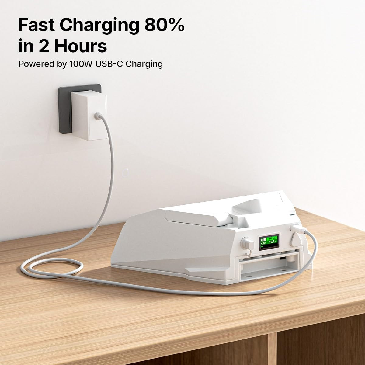 Power bank fast charging from a USB-C charger to 80 percent in about two hours