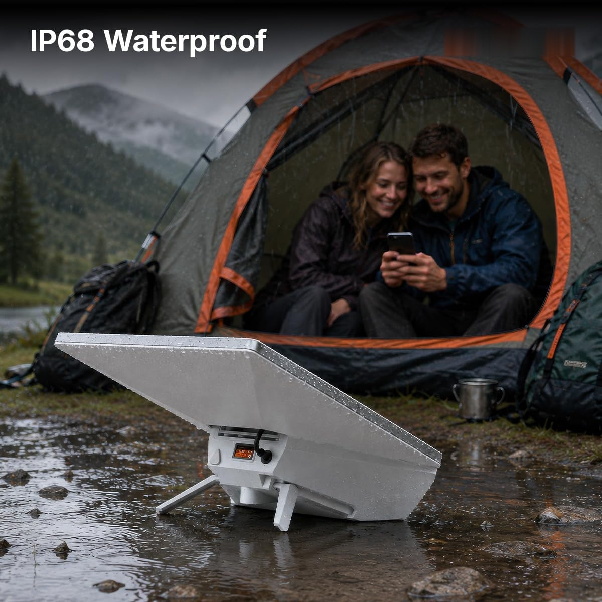 Starlink Mini power bank in the rain beside a tent, showing the IP68 waterproof housing